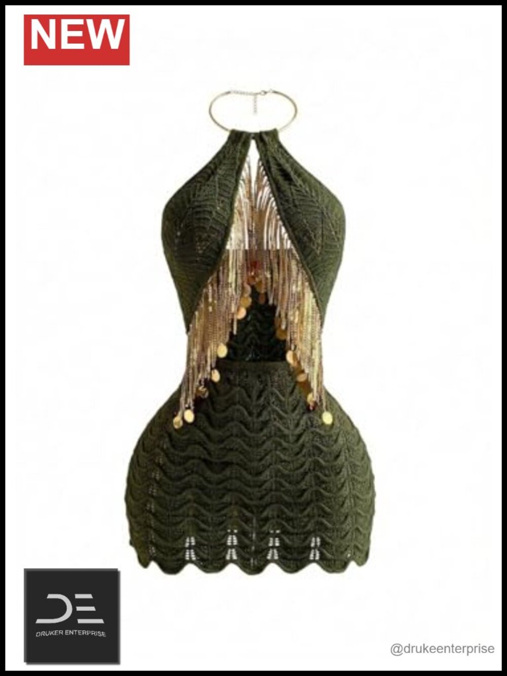 Crochet Knit Halter Mini Dress Sequin Fringe Backless Bodycon